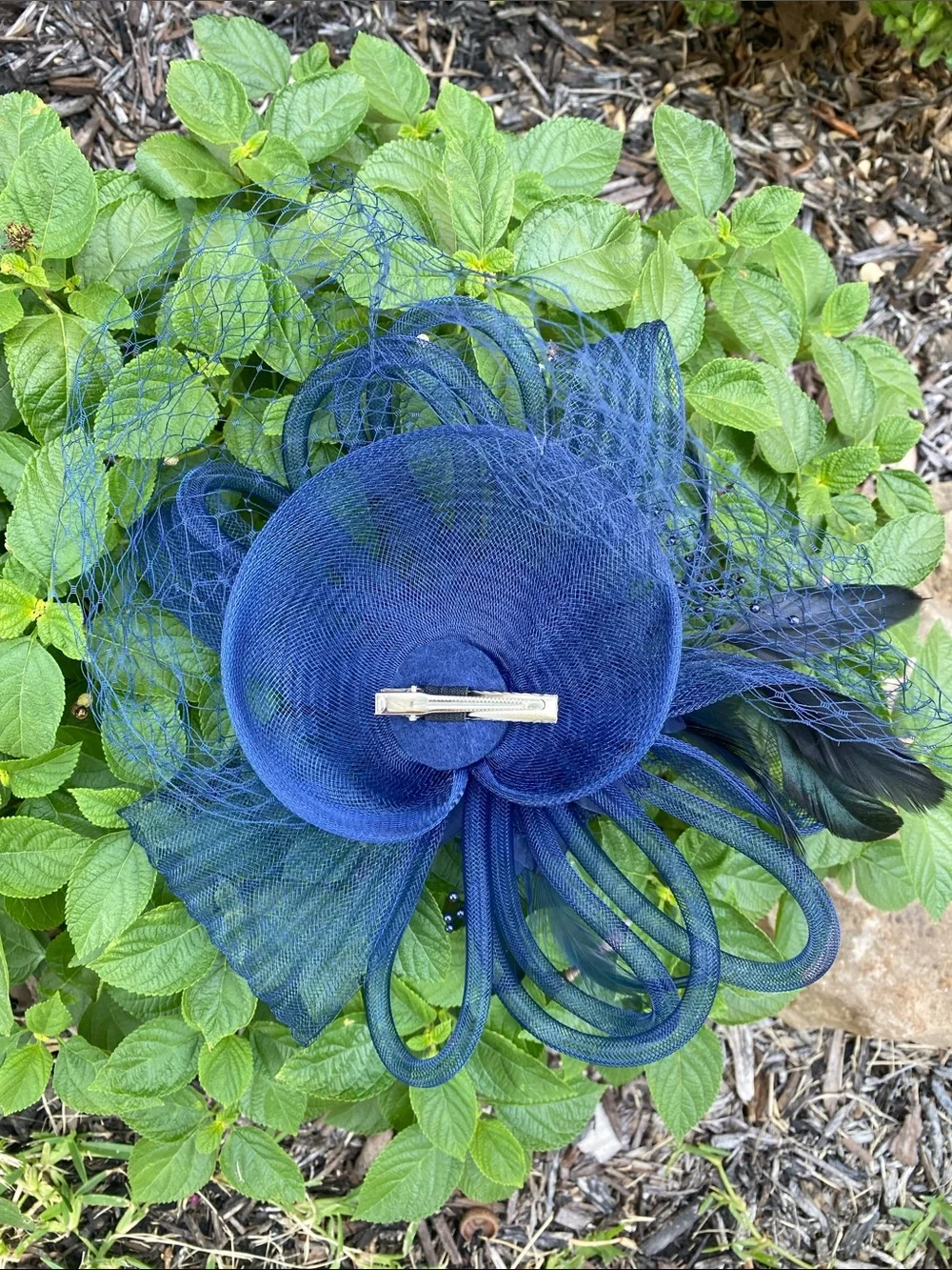 Navy Fascinator Headpiece with Feathers,Net Ribbons, Petals, Beads,Veil Clip On